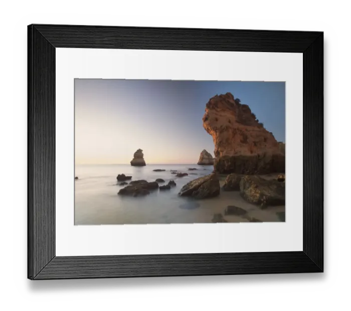 Framed Print : Beach with rocks at sunrise, Lagos, Portugal, Europe Framed Print : Beach with rocks at sunrise, Lagos, Portugal, Europe