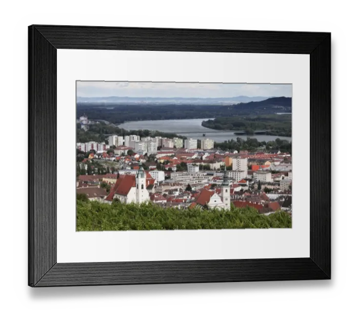 Framed Print : View from Mt. Kreuzberg on Krems an der Donau with Piaristenkirche and Pfarrkirche churches, Wachau, Lower Austria, Austria, Europe