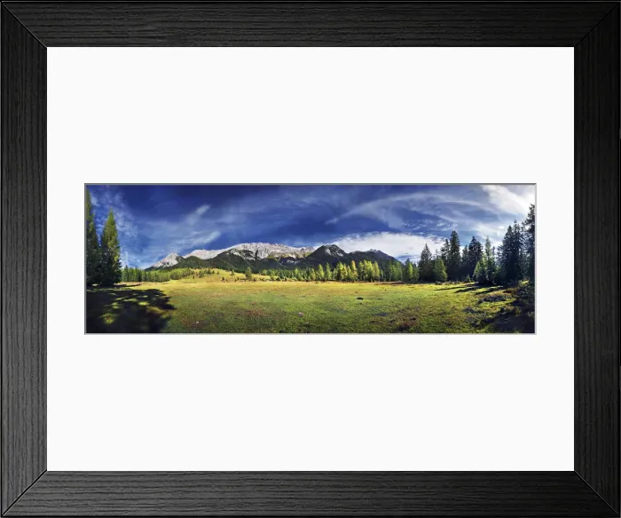 Framed Print : Alpine meadows and mountain forest with a view on the Wettersteingebirge range, Mt. Suedwand in Leutasch, Tyrol, Austria, Europe Framed Print : Alpine meadows and mountain forest with a view on the Wettersteingebirge range, Mt. Suedwand in Leutasch, Tyrol, Austria, Europe