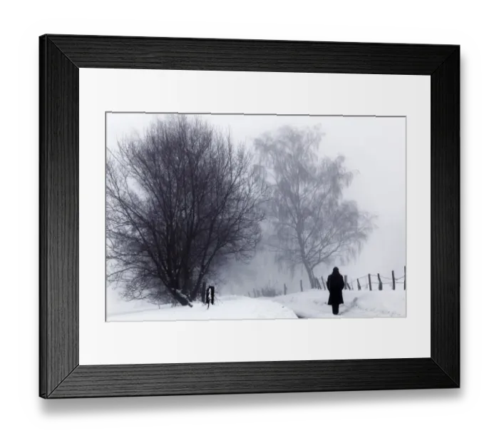 Framed Print : Lone walker, winter landscape with snow, tree in the fog, Gummersbach, North Rhine-Westphalia, Germany, Europe Framed Print : Lone walker, winter landscape with snow, tree in the fog, Gummersbach, North Rhine-Westphalia, Germany, Europe