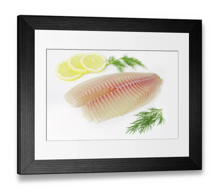 Framed Print : Tilapia fillets on plate with lemon and dill Framed Print : Tilapia fillets on plate with lemon and dill