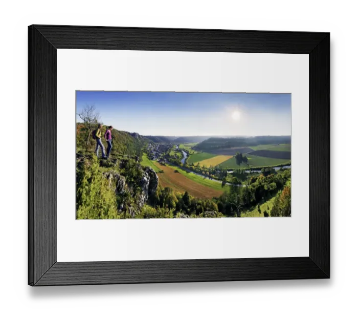 Framed Print : Two hikers looking on the Altmuehltal valley in Arnsberg, Naturpark Altmuehltal nature forest, Bavaria, Germany, Europe Framed Print : Two hikers looking on the Altmuehltal valley in Arnsberg, Naturpark Altmuehltal nature forest, Bavaria, Germany, Europe