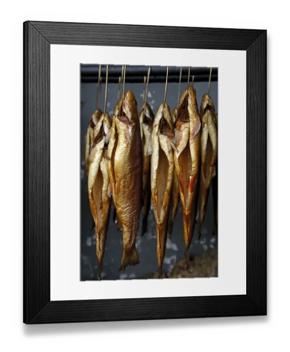 Framed Print : Smoked trout hanging from hooks in a smokehouse, Fuschl, Austria, Europe Framed Print : Smoked trout hanging from hooks in a smokehouse, Fuschl, Austria, Europe