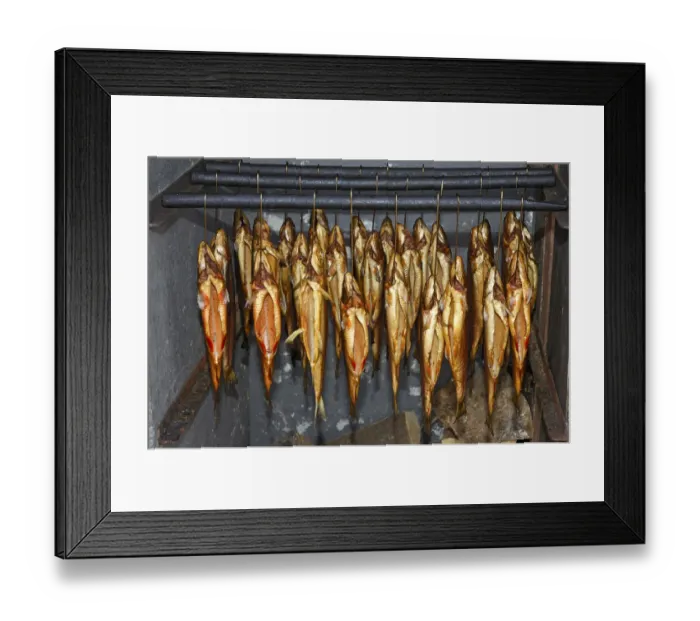 Framed Print : Smoked trout hanging in a smokehouse, Fuschl, Austria, Europe