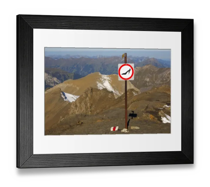 Framed Print : Prohibition sign for use of the mountain trail with unsuitable footwear on Schilthorn Mountain, Muerren, Bernese Oberland, Switzerland, Europe Framed Print : Prohibition sign for use of the mountain trail with unsuitable footwear on Schilthorn Mountain, Muerren, Bernese Oberland, Switzerland, Europe