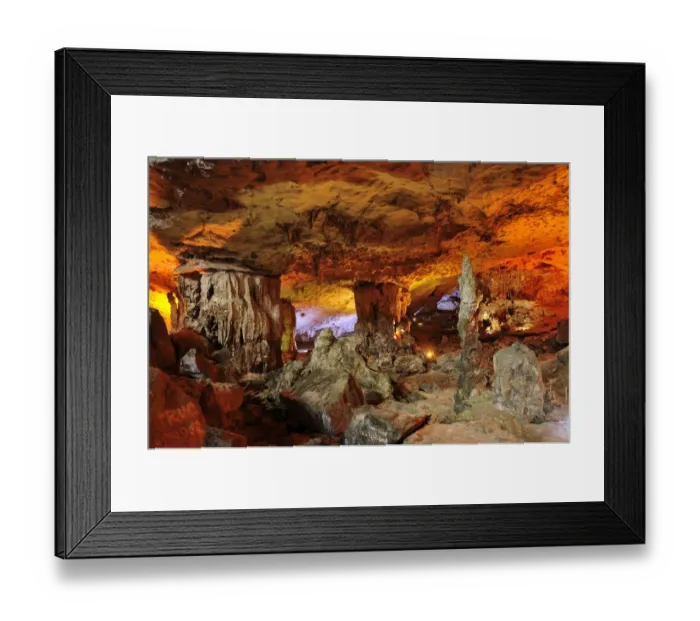 Framed Print : Colourfully, illuminated Hang Sung Sot cave, Surprise Cave, Cave of Awe, a UNESCO World Heritage Site, stalactite cave in Halong Bay, Vietnam, Southeast Asia, Asia