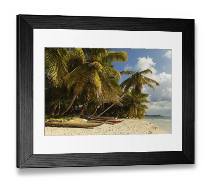 Framed Print : Palm beach with fishing boats and fishing nets, Sainte Marie, Madagascar Framed Print : Palm beach with fishing boats and fishing nets, Sainte Marie, Madagascar