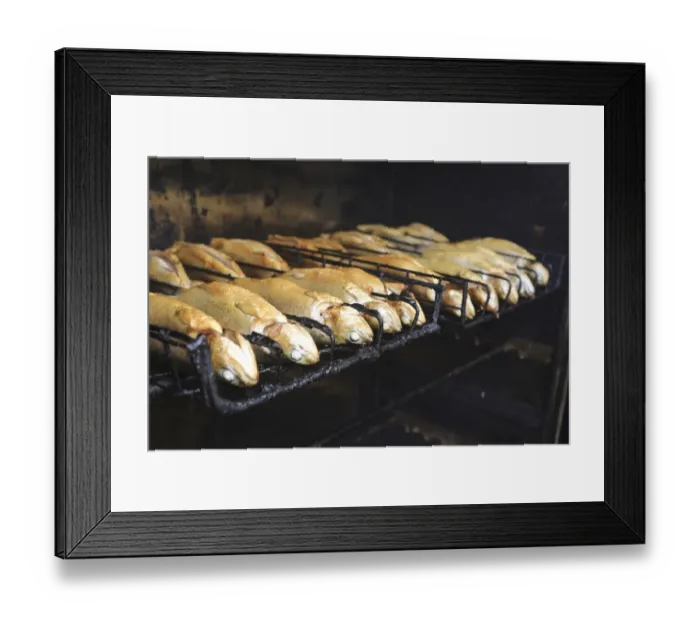 Framed Print : Trouts are being smoked in a smoker or smokehouse, Bergisches Land, Germany Framed Print : Trouts are being smoked in a smoker or smokehouse, Bergisches Land, Germany