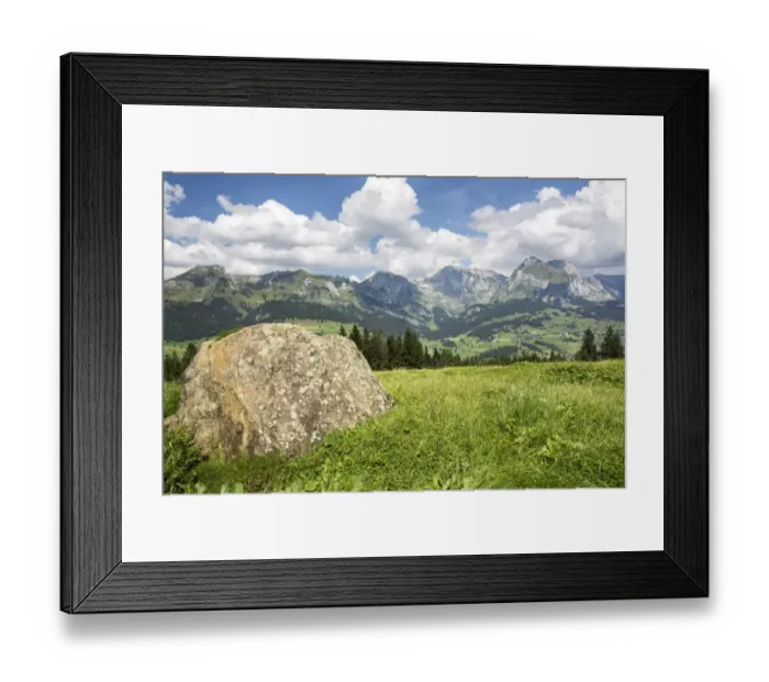 Framed Print : View from Klangweg or Sound Trail on Toggenburg Mountain towards the Alpstein Mountains with Saentis Mountain, Wildhaus, Canton of St. Gallen, Switzerland Framed Print : View from Klangweg or Sound Trail on Toggenburg Mountain towards the Alpstein Mountains with Saentis Mountain, Wildhaus, Canton of St. Gallen, Switzerland