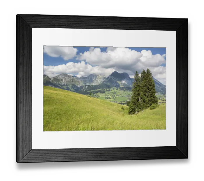 Framed Print : View from Klangweg or Sound Trail on Toggenburg Mountain towards the Alpstein Mountains with Saentis Mountain, Wildhaus, Canton of St. Gallen, Switzerland