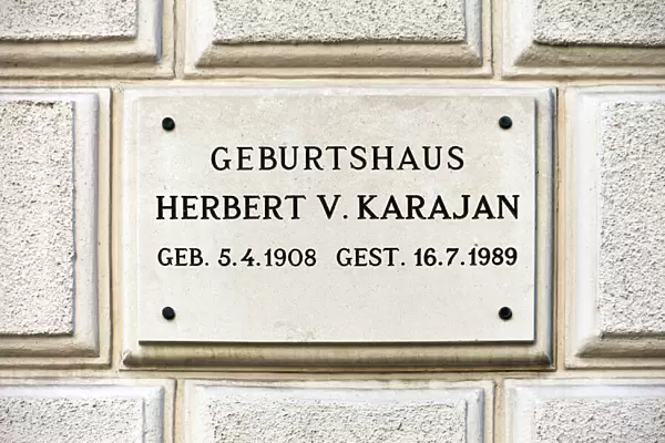 Plaque at the birthplace of the conductor Herbert von Karajan, Salzburg, Salzburg State, Austria