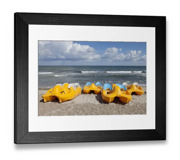 Framed Print : Pedaloes on the beach, Baltic Sea, Hohwacht, Schleswig-Holstein, Germany