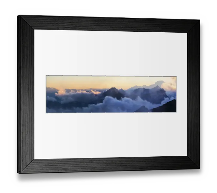 Framed Print : Panorama of the Alps at sunset in the fog, from Mantova Hut, Monte Rosa, Alps, Valle dAosta, Italy Framed Print : Panorama of the Alps at sunset in the fog, from Mantova Hut, Monte Rosa, Alps, Valle dAosta, Italy