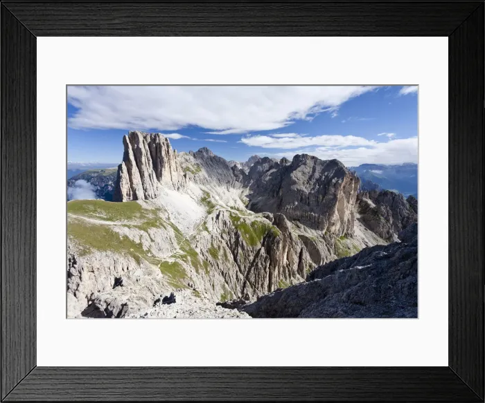 Framed Print : View during the ascent to the Croda Rossa in the Rose Garden Group over the Croda Rossa via ferrata, below the Vaiolonpass, behind the Tscheiner tips and the Rosengarten group with Kesselkogel, Dolomites, Province of South Tyrol, Italy Framed Print : View during the ascent to the Croda Rossa in the Rose Garden Group over the Croda Rossa via ferrata, below the Vaiolonpass, behind the Tscheiner tips and the Rosengarten group with Kesselkogel, Dolomites, Province of South Tyrol, Italy