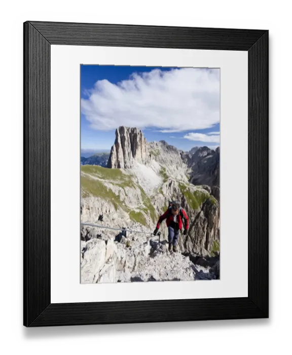 Framed Print : Climbers during the ascent to the Croda Rossa in the Rose Garden Group over the Croda Rossa via ferrata, below the Vaiolonpass, behind the Tscheiner peaks, Dolomites, Province of South Tyrol, Italy Framed Print : Climbers during the ascent to the Croda Rossa in the Rose Garden Group over the Croda Rossa via ferrata, below the Vaiolonpass, behind the Tscheiner peaks, Dolomites, Province of South Tyrol, Italy