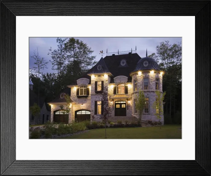 Framed Print : Illuminated luxurious cottage-style residential house with two garages, Quebec Province, Canada Framed Print : Illuminated luxurious cottage-style residential house with two garages, Quebec Province, Canada