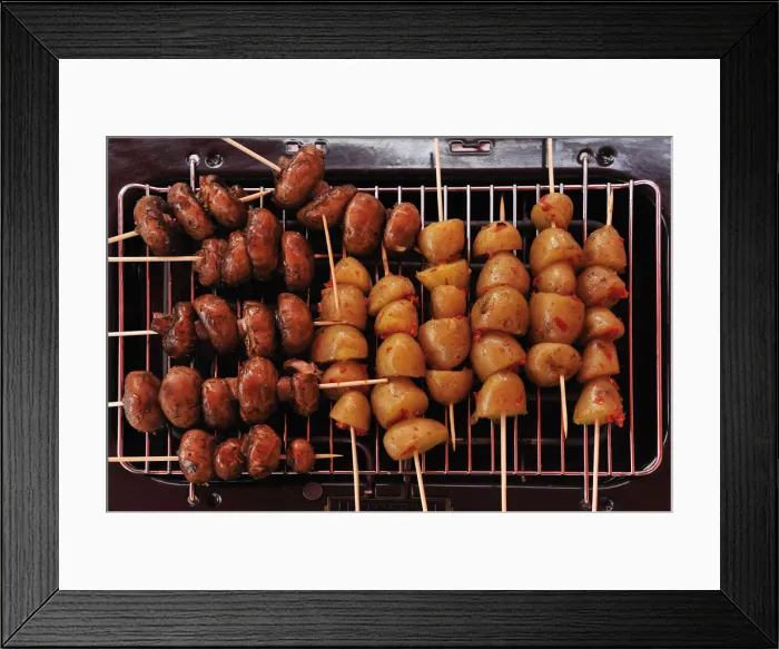 Framed Print : Vegetarian grilling, mushrooms and potato on skewers, Germany Framed Print : Vegetarian grilling, mushrooms and potato on skewers, Germany
