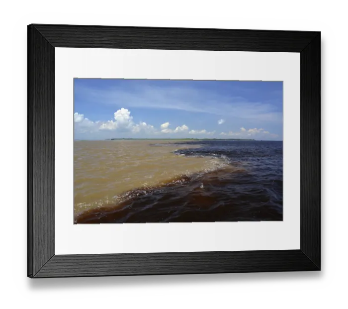 Framed Print : Encontro das Aguas, the Meeting of Waters, the confluence of the white water river Rio Solimoes and black water river Rio Negro, further down river is called Amazon, Manaus, Amazonas State, Brazil