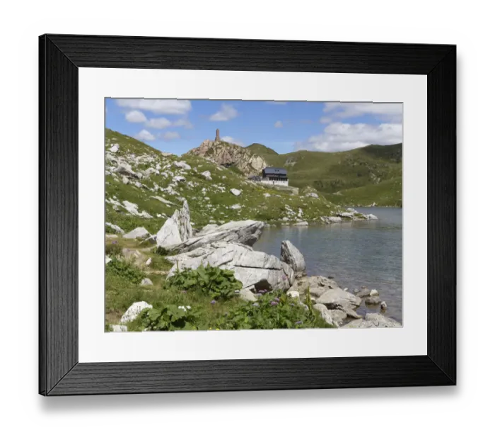 Framed Print : Wolayer Lake or Wolayersee with the Wolayersee hut and war memorial, Carnic Alps, Lesachtal, Carinthia, Austria Framed Print : Wolayer Lake or Wolayersee with the Wolayersee hut and war memorial, Carnic Alps, Lesachtal, Carinthia, Austria