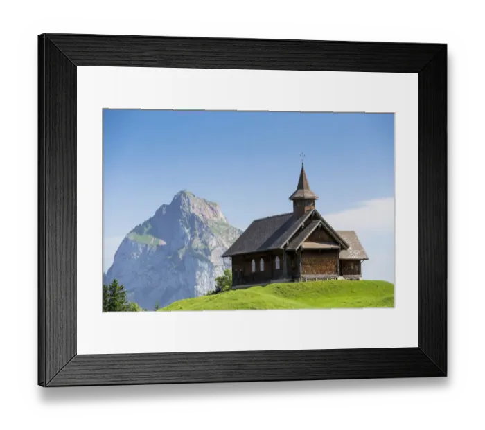 Framed Print : Stoos-Kirche church in front of Grosser Mythen mountain, Stoos, Morschach, canton of Schwyz, Switzerland