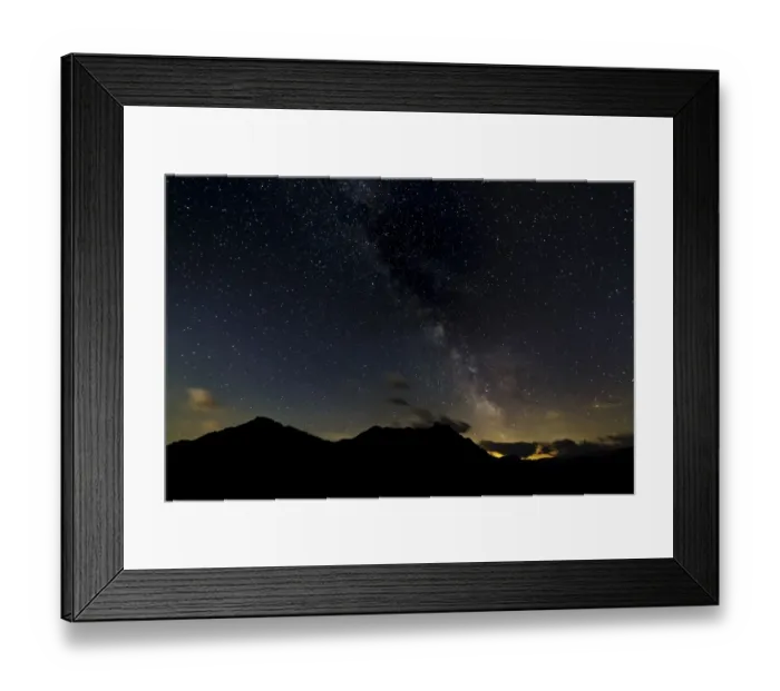 Framed Print : Starry sky with the Milky Way over a mountain landscape, with light pollution, Safien, Canton of Graubunden, Switzerland Framed Print : Starry sky with the Milky Way over a mountain landscape, with light pollution, Safien, Canton of Graubunden, Switzerland