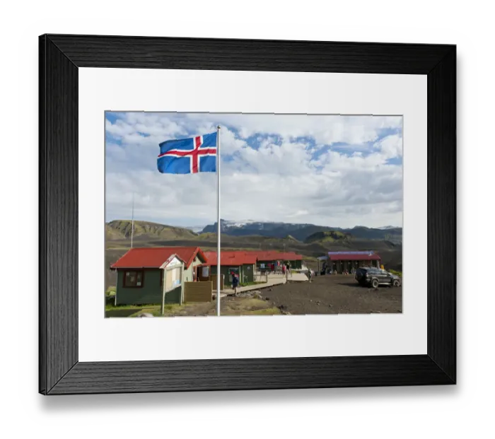 Framed Print : Icelandic National Flag, Emstrur - Botnar Hut at the Laugavegur hiking trail, Rangarping ytra, Iceland, Scandinavia