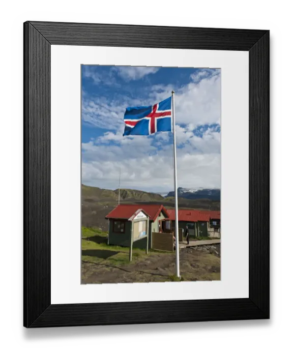 Framed Print : Icelandic National Flag, Emstrur - Botnar Hut at the Laugavegur hiking trail, Rangarping ytra, Iceland, Scandinavia