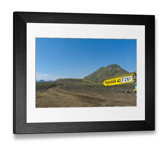 Framed Print : Wild gravel road with a traffic sign to Fljotshlid, Laugavegur trekking route, near Hvanngil, Highlands, Sudurland, Iceland Framed Print : Wild gravel road with a traffic sign to Fljotshlid, Laugavegur trekking route, near Hvanngil, Highlands, Sudurland, Iceland