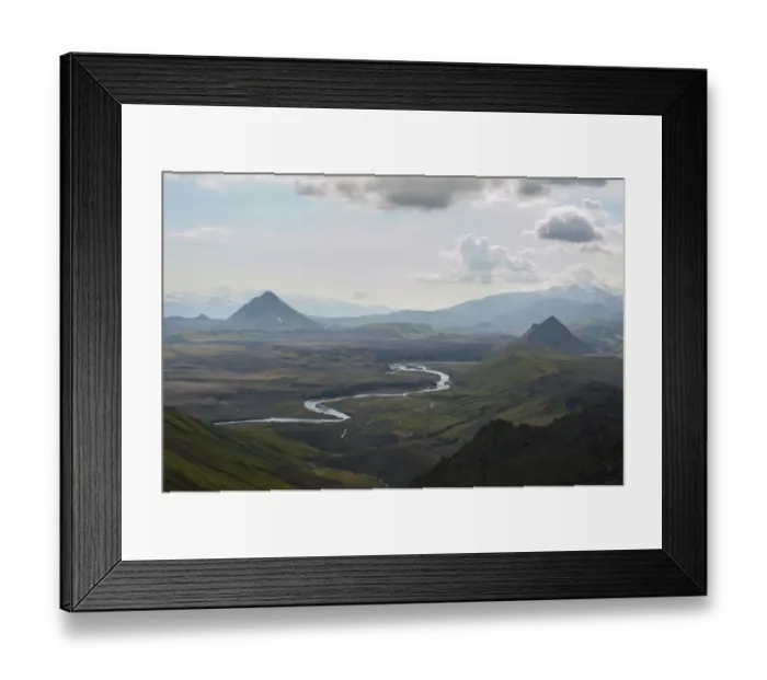 Framed Print : Panoramic mountain landscape near Alftavatn lake with a wild river, view from Bratthals Mountain, Laugavegur trekking route, Highlands, Sudurland, Iceland Framed Print : Panoramic mountain landscape near Alftavatn lake with a wild river, view from Bratthals Mountain, Laugavegur trekking route, Highlands, Sudurland, Iceland