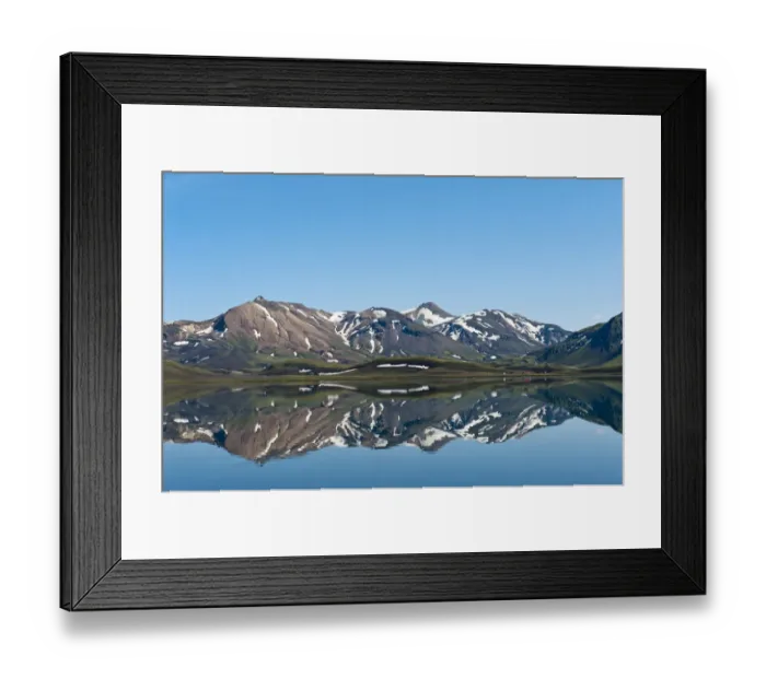 Framed Print : Reflection in the still lake, remnants of snow, panoramic mountain landscape at Alftavatn lake, Laugavegur trekking route, Highlands, Sudurland, Iceland Framed Print : Reflection in the still lake, remnants of snow, panoramic mountain landscape at Alftavatn lake, Laugavegur trekking route, Highlands, Sudurland, Iceland