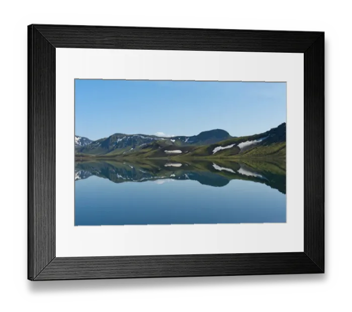 Framed Print : Reflection in the still lake, remnants of snow, panoramic mountain landscape at Alftavatn lake, Laugavegur trekking route, Highlands, Sudurland, Iceland Framed Print : Reflection in the still lake, remnants of snow, panoramic mountain landscape at Alftavatn lake, Laugavegur trekking route, Highlands, Sudurland, Iceland