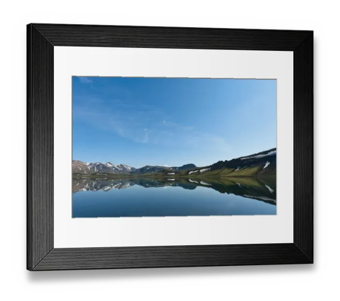 Framed Print : Reflection in the still lake, remnants of snow, panoramic mountain landscape at Alftavatn lake, Laugavegur trekking route, Highlands, Sudurland, Iceland Framed Print : Reflection in the still lake, remnants of snow, panoramic mountain landscape at Alftavatn lake, Laugavegur trekking route, Highlands, Sudurland, Iceland