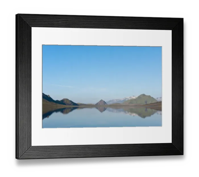 Framed Print : Reflection in the still lake, panoramic mountain landscape at Alftavatn lake, Laugavegur trekking route, Highlands, Sudurland, Iceland Framed Print : Reflection in the still lake, panoramic mountain landscape at Alftavatn lake, Laugavegur trekking route, Highlands, Sudurland, Iceland