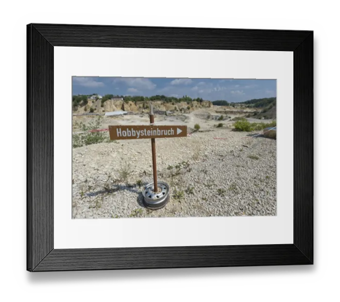 Framed Print : Sign to a Hobbysteinbruch, German for Hobby Quarry, quarry area of Untere Haardt, Altmuhltal, Solnhofen, Middle Franconia, Bavaria, Germany Framed Print : Sign to a Hobbysteinbruch, German for Hobby Quarry, quarry area of Untere Haardt, Altmuhltal, Solnhofen, Middle Franconia, Bavaria, Germany