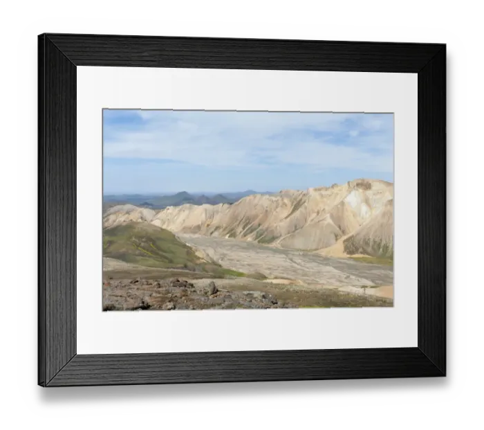 Framed Print : Mountain landscape, yellowish rhyolite rock, partly overgrown with moss, wild river of Joekulgilskvisl, view from Skalli Mountain, Landmannalaugar, Highlands, Sudurland, Iceland Framed Print : Mountain landscape, yellowish rhyolite rock, partly overgrown with moss, wild river of Joekulgilskvisl, view from Skalli Mountain, Landmannalaugar, Highlands, Sudurland, Iceland
