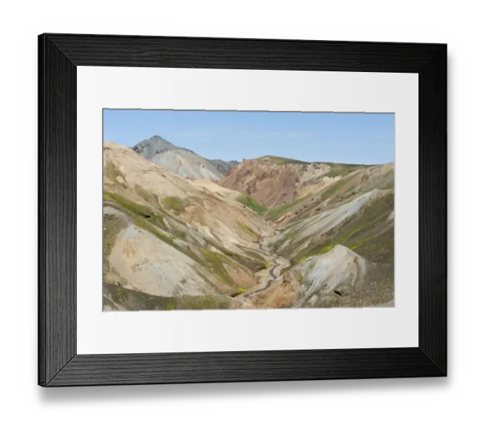 Framed Print : Mountain landscape, colourful rhyolite rock, partly overgrown with moss, Blahnjukur Volcano at the rear, Landmannalaugar, Highlands, Sudurland, Iceland Framed Print : Mountain landscape, colourful rhyolite rock, partly overgrown with moss, Blahnjukur Volcano at the rear, Landmannalaugar, Highlands, Sudurland, Iceland