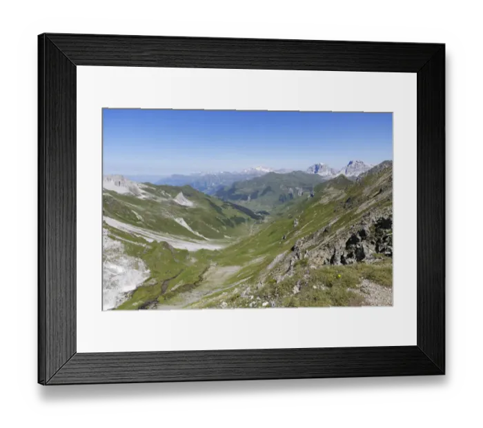 Framed Print : Gafital valley, Praettigau, Raetikon mountain range, Graubuenden or Grisons, Switzerland, view from Gafierjoch on the border to Austria Framed Print : Gafital valley, Praettigau, Raetikon mountain range, Graubuenden or Grisons, Switzerland, view from Gafierjoch on the border to Austria