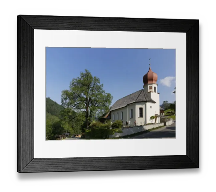 Framed Print : Filial Church of St. Catherine and a Wych elm or Scots elm in Marul, community of Raggal, Grosses Walsertal, Vorarlberg, Austria Framed Print : Filial Church of St. Catherine and a Wych elm or Scots elm in Marul, community of Raggal, Grosses Walsertal, Vorarlberg, Austria