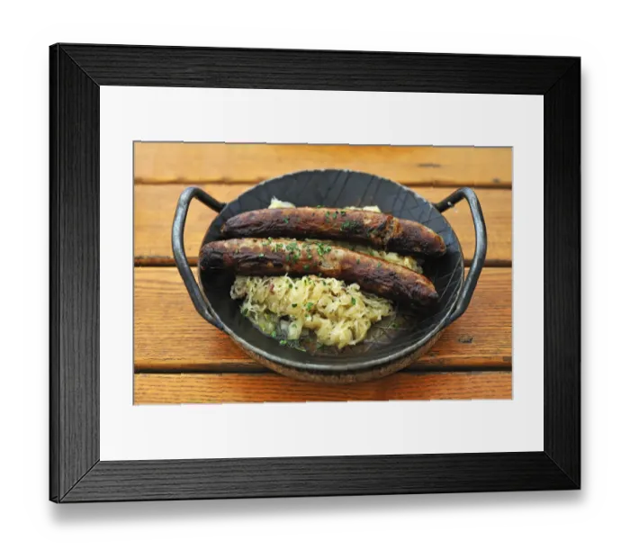 Framed Print : Two Franconian sausages with sauerkraut on an iron plate in a garden restaurant, Rothenburg ob der Tauber, Middle Franconia, Bavaria, Germany Framed Print : Two Franconian sausages with sauerkraut on an iron plate in a garden restaurant, Rothenburg ob der Tauber, Middle Franconia, Bavaria, Germany