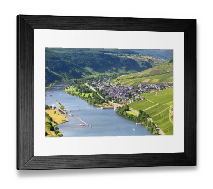 Framed Print : Moselle River with the village of Enkirch surrounded by vineyards, Bernkastel-Wittlich, Rhineland-Palatinate, Germany Framed Print : Moselle River with the village of Enkirch surrounded by vineyards, Bernkastel-Wittlich, Rhineland-Palatinate, Germany