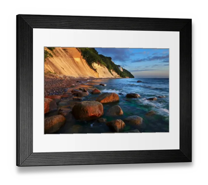 Framed Print : Chalk cliffs with the Koenigsstuhl cliff in the early morning, Sassnitz, Rugen, Mecklenburg-Western Pomerania, Germany Framed Print : Chalk cliffs with the Koenigsstuhl cliff in the early morning, Sassnitz, Rugen, Mecklenburg-Western Pomerania, Germany