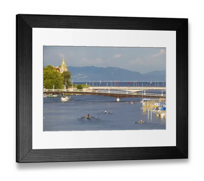 Framed Print : Passenger ship and rowing boats on the Rhine River, looking towards Obersee lake and Pfaender Mountain, Konstanz, Baden-Wuerttemberg, Germany
