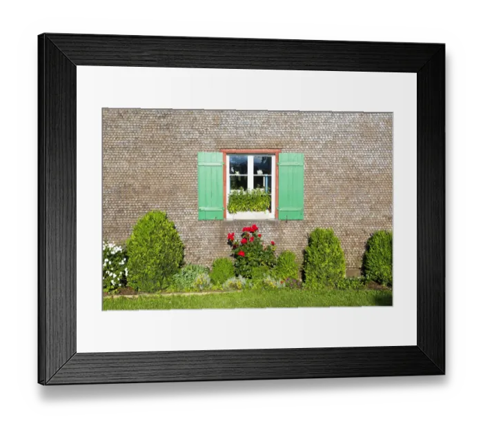 Framed Print : Window with green shutters, with flowers in the front, Reichenau, Baden-Wuerttemberg, Germany Framed Print : Window with green shutters, with flowers in the front, Reichenau, Baden-Wuerttemberg, Germany