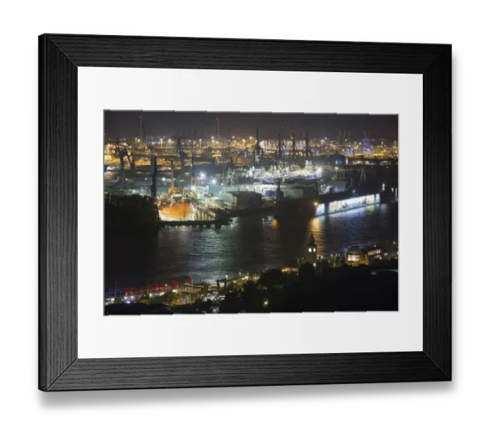 Framed Print : Night view of Hamburg harbor with jetties, Hamburg, Germany Framed Print : Night view of Hamburg harbor with jetties, Hamburg, Germany