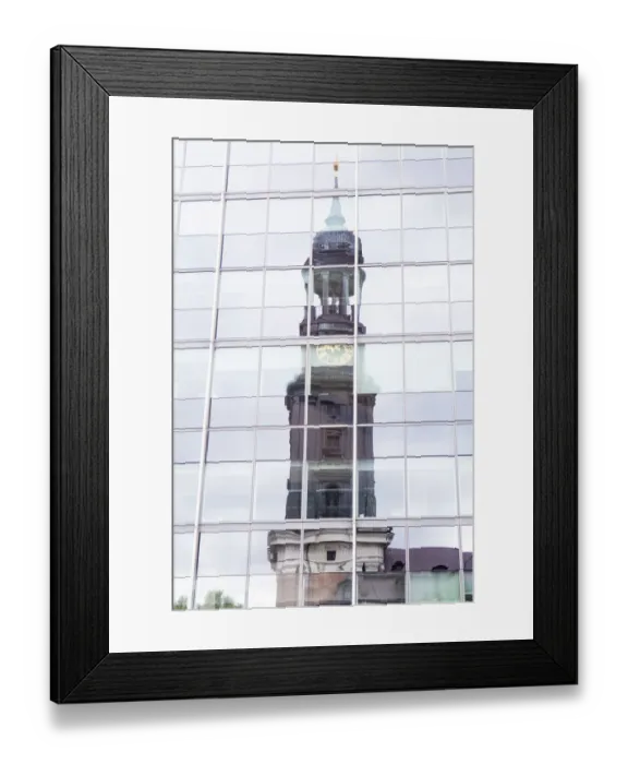 Framed Print : The St. Michaelis Church reflected in a glass facade, Hamburg, Germany