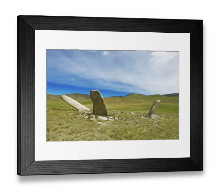 Framed Print : Deer stones, Stone Age burial sites, Hustai National Park, also Khustain Nuruu National Park, Southern Steppe, Ovorkhangai Province, Mongolia Framed Print : Deer stones, Stone Age burial sites, Hustai National Park, also Khustain Nuruu National Park, Southern Steppe, Ovorkhangai Province, Mongolia