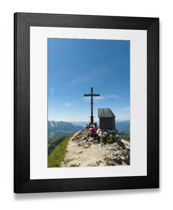 Framed Print : Mountain climber at the summit cross with a small chapel on Geigelstein Mountain, 1808 m, Geigelstein Nature Reserve, Aschau im Chiemgau, Upper Bavaria, Bavaria, Germany