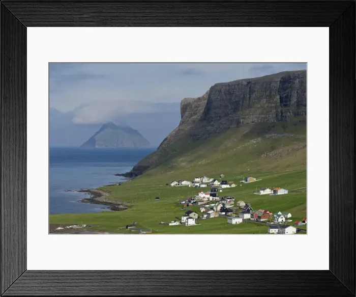 Framed Print : The Hvalba settlement, Hvalbiarfjorour, the uninhabited island of Litla Dimun at the back, Suouroy, Faroe Islands, Denmark