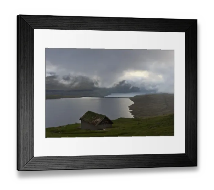 Framed Print : Hut at Eidisvatn lake, low clouds, Eysturoy, Faroe Islands, Denmark