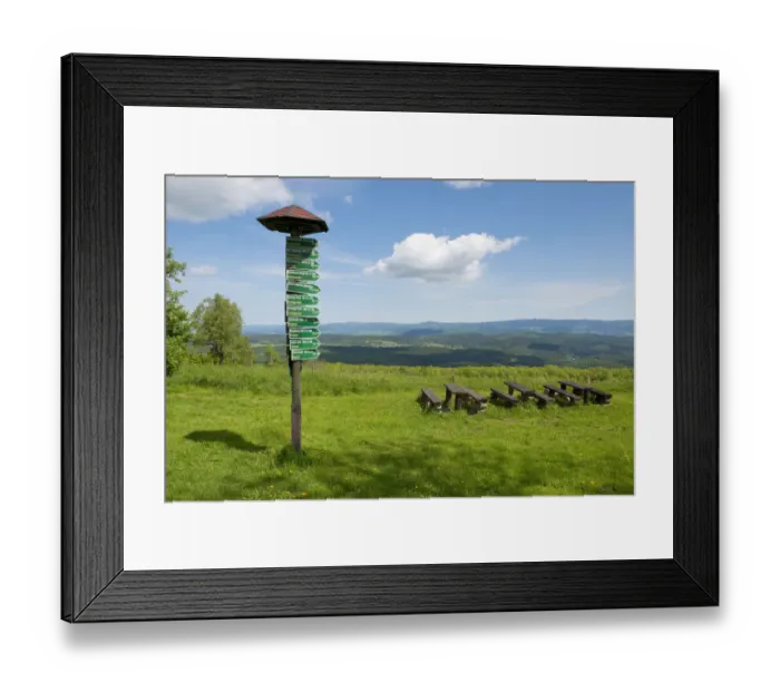 Framed Print : Signsposts, distance markers, wooden benches and tables on Mt Dolmar with views of the Thuringian Forest, Thuringia, Germany Framed Print : Signsposts, distance markers, wooden benches and tables on Mt Dolmar with views of the Thuringian Forest, Thuringia, Germany